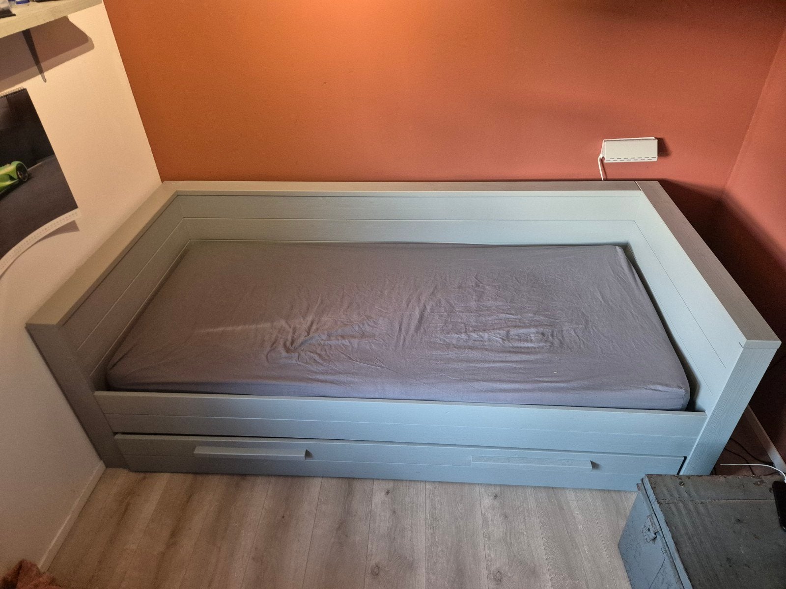 Houten bed met opberglade + kist en bijpassende kist, Ophalen, Gebruikt, 90 cm, 200 cm