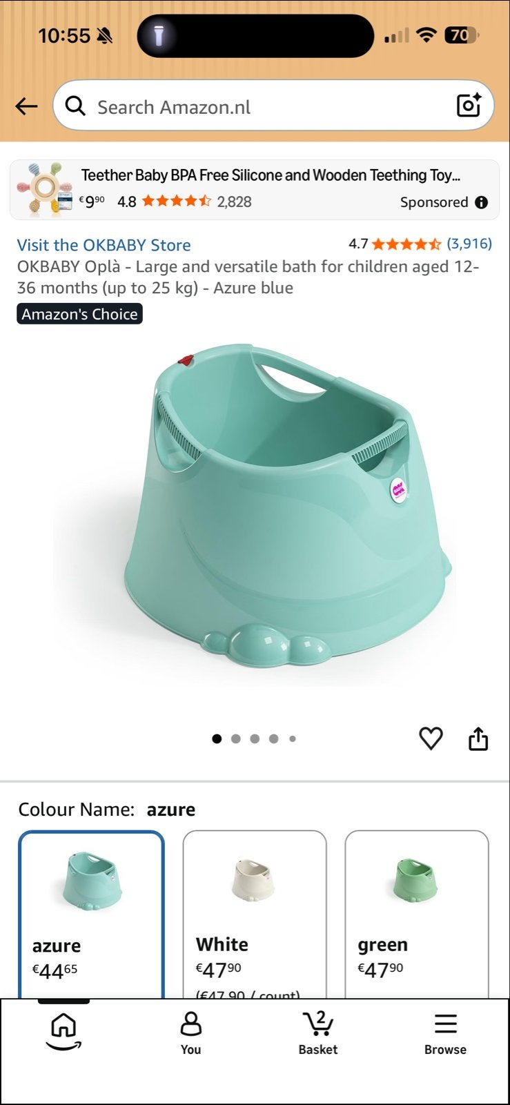 OKBABY Oplà Babybadje - Aqua met extra stop en draaiknop, Zo goed als nieuw, Badje, Standaard, Ophalen