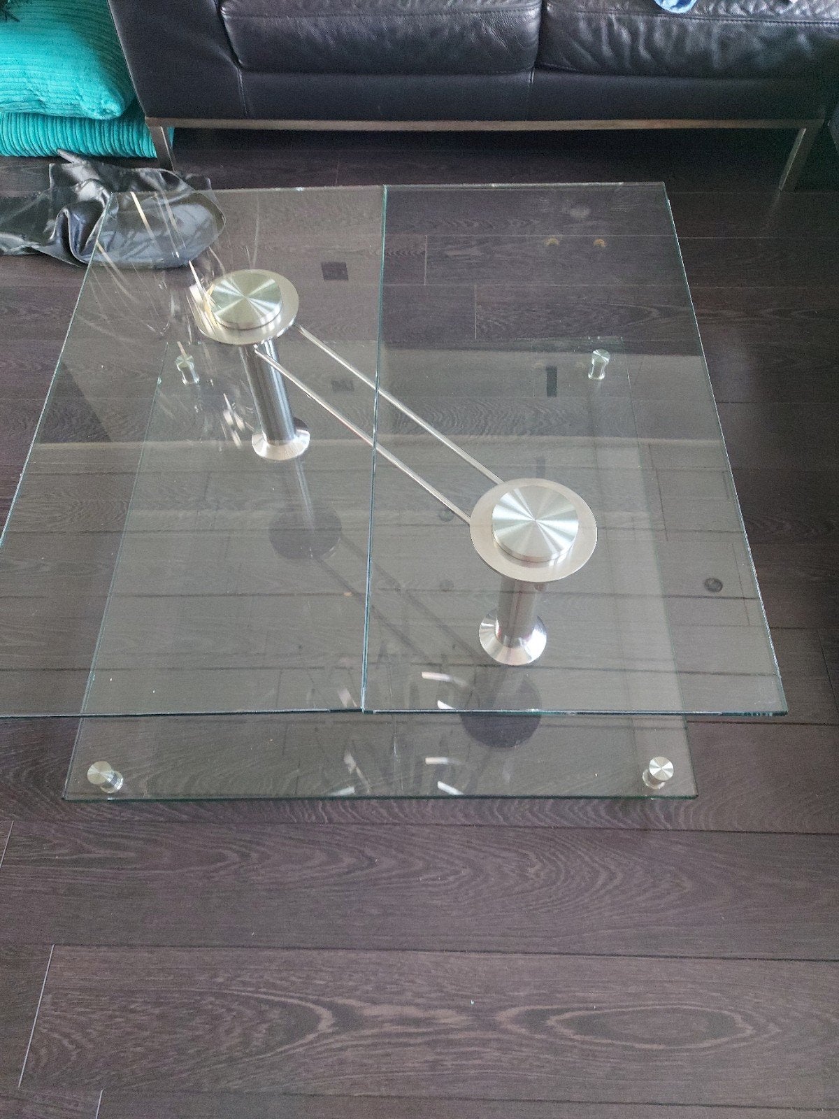 Glazen salontafel met verstelbaar blad (85x85 cm), Ophalen, Gebruikt, 50 tot 100 cm, Vierkant