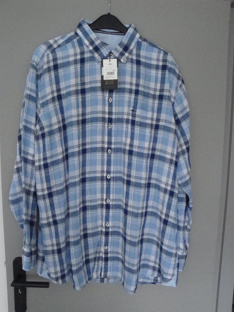 Nieuw blauw geblokt linnen FYNCH HATTON overhemd. Maat XXL., Overhemd, Blauw, Nieuw, Ophalen of Verzenden