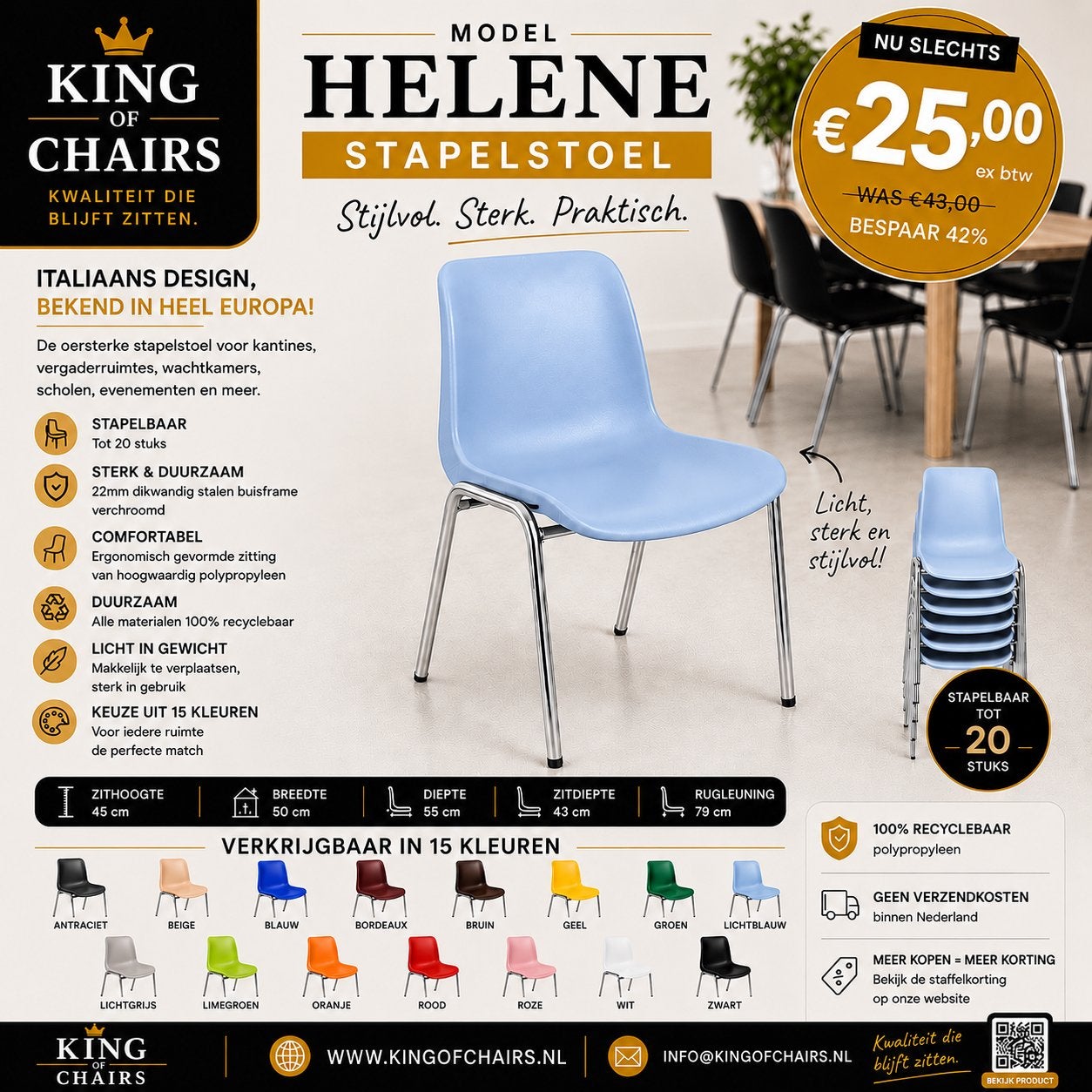 Stapelstoel Helene lichtblauw nieuw kantinestoel kuipstoel, Nieuw, Info@everardo.nl, Ophalen of Verzenden, Vijf, Zes of meer stoelen