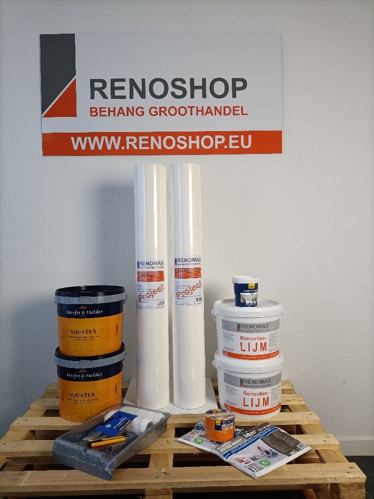 Renovlies 100m2 met lijm en 20 liter latex Schrobklasse 1, Ophalen, 75 m² of meer, Wit, Renovlies
