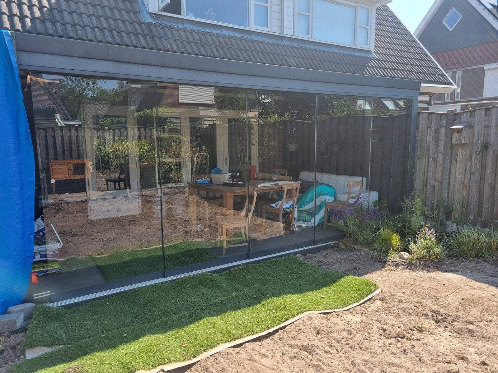Glazen schuifwand voor overkapping of tuinkamer, Ophalen, Gevelraam of Ruit, Gebruikt, 160 cm of meer