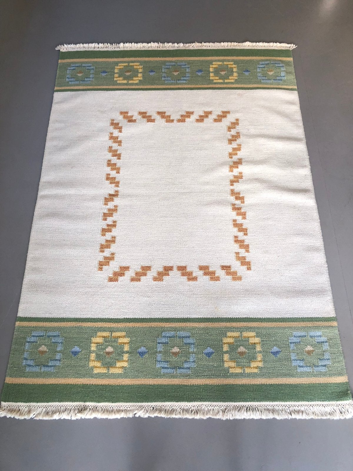 Vintage Zweedse wollen röllakan groen, crème okergeel blauw, 100 tot 150 cm, Ophalen of Verzenden, Zo goed als nieuw, X