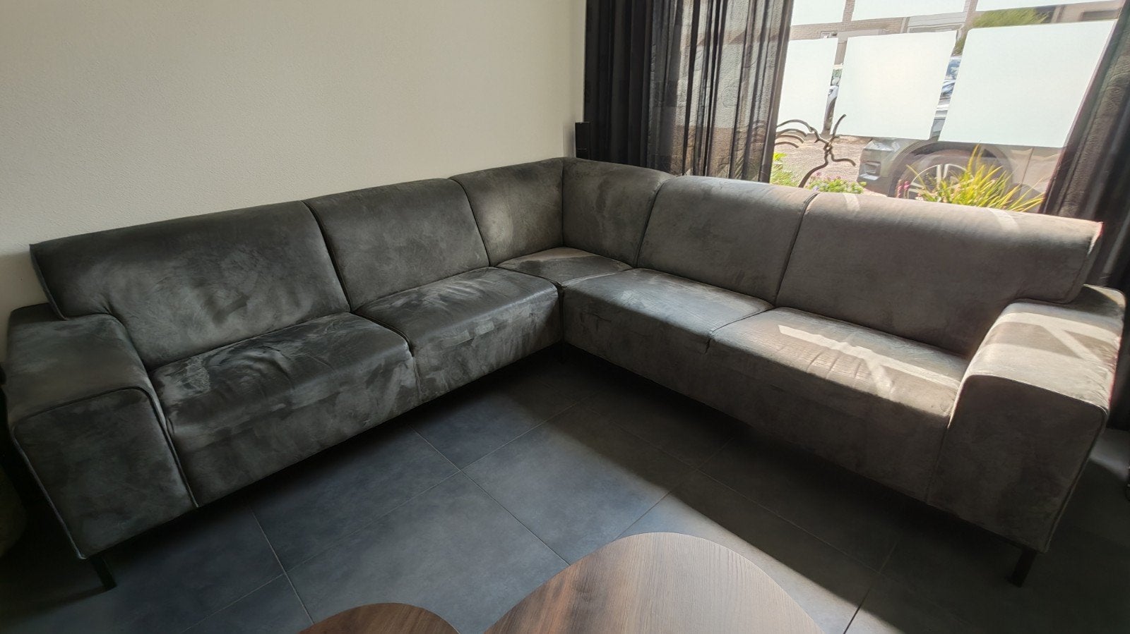 Hoekbank microleder antraciet 272x272 (ophalen oktober), Ophalen, 250 tot 300 cm, Gebruikt, Hoekbank