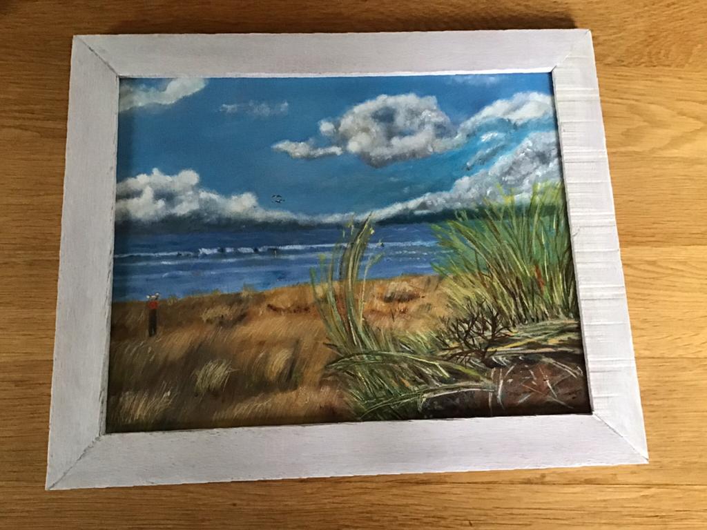 Ouddorp aan Zee strand schilderijtje in olieverf 36X30, Antiek en Kunst, Kunst | Schilderijen | Klassiek, Ophalen of Verzenden