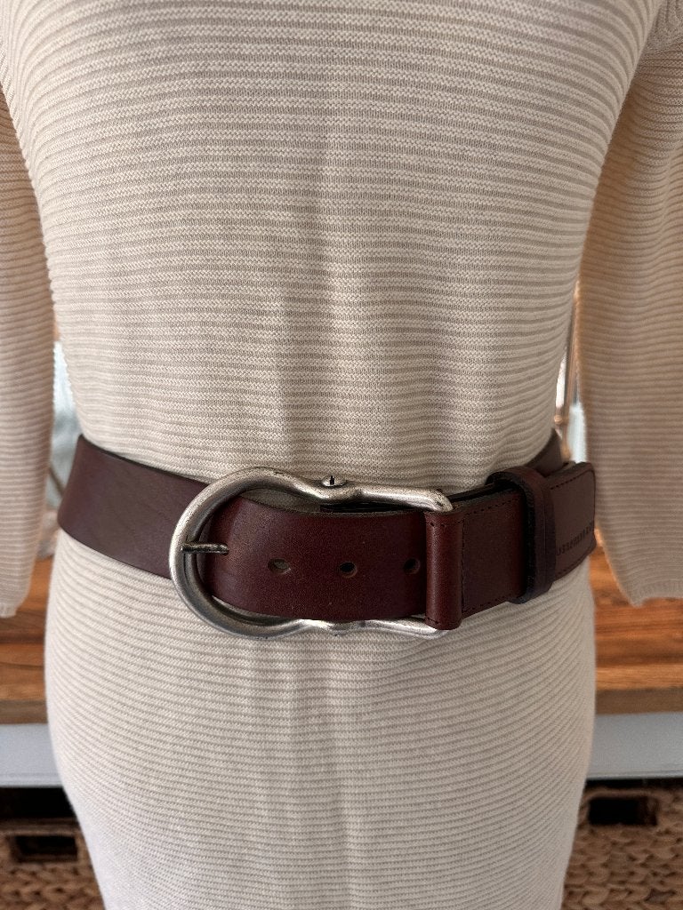 Bruine leren riem Josephine & Co, M, ZGAN., Echt leder, 90 tot 100 cm, Tailleriem, Ophalen of Verzenden