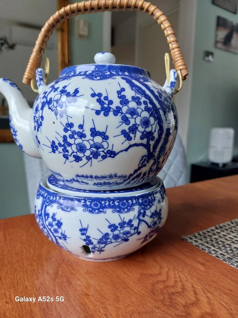 Vintage japonese theepot met rechaud, blauw-wit porselein, Ophalen of Verzenden