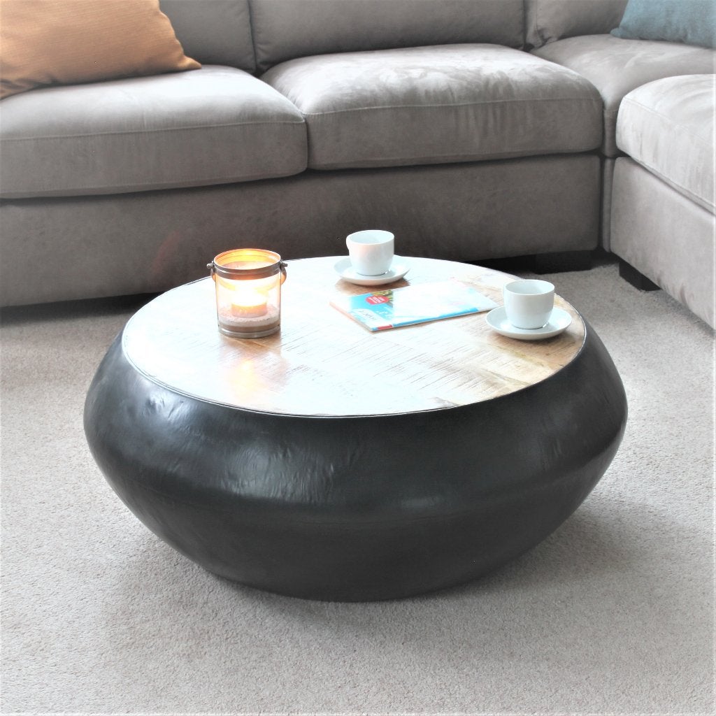 Ronde salontafel metaal mangohout in zwart en metaal, 50 tot 100 cm, Rond, Nieuw, 50 tot 100 cm