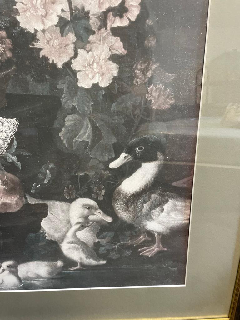 Modern Schilderij met Eenden en Bloemen in Goudkleurige Lijs, Ophalen of Verzenden