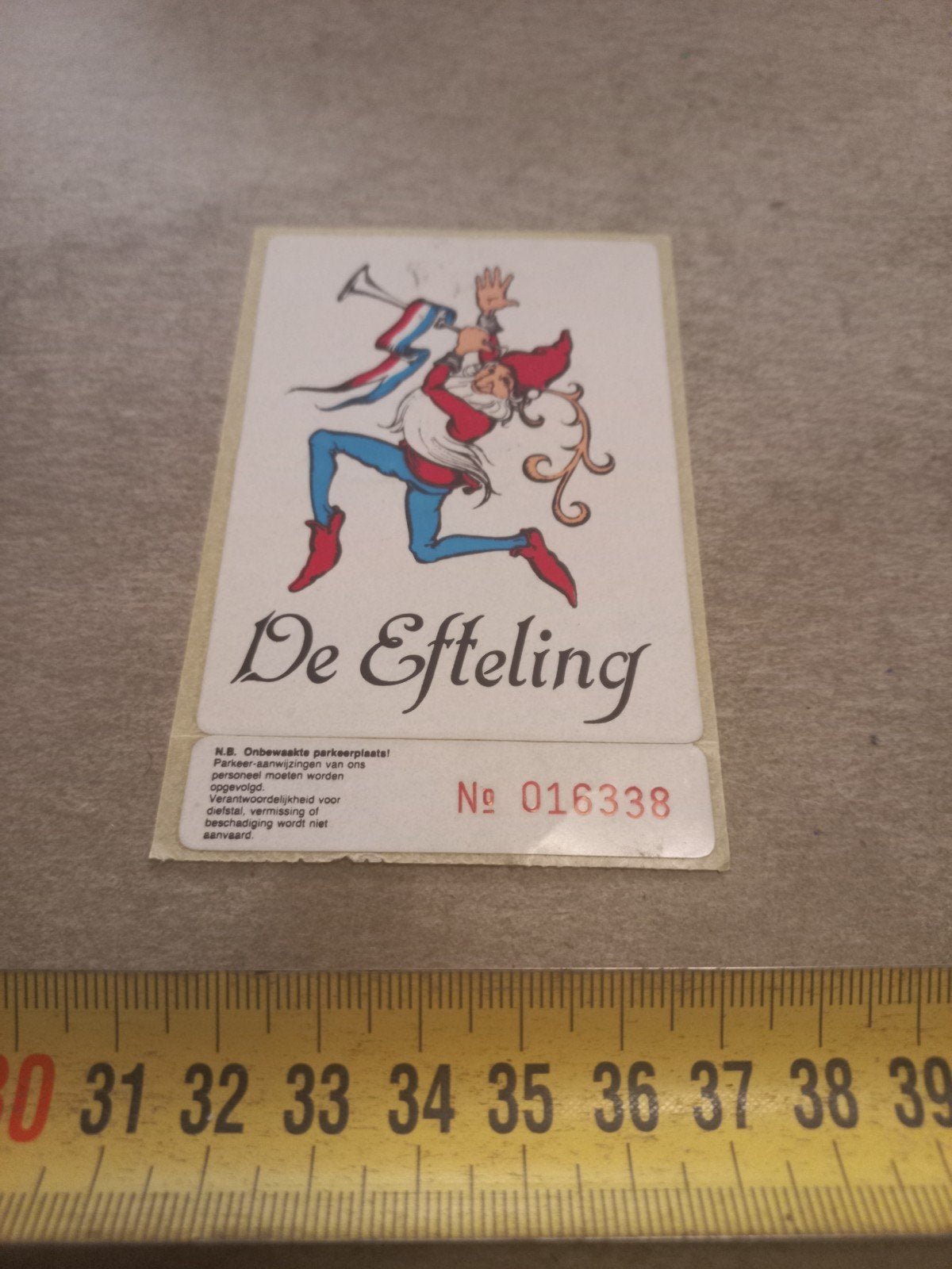 Vintage Efteling parkeerkaartje/sticker met Pardoes, Verzamelen, Efteling, Ophalen of Verzenden, Gebruikt, Overige typen