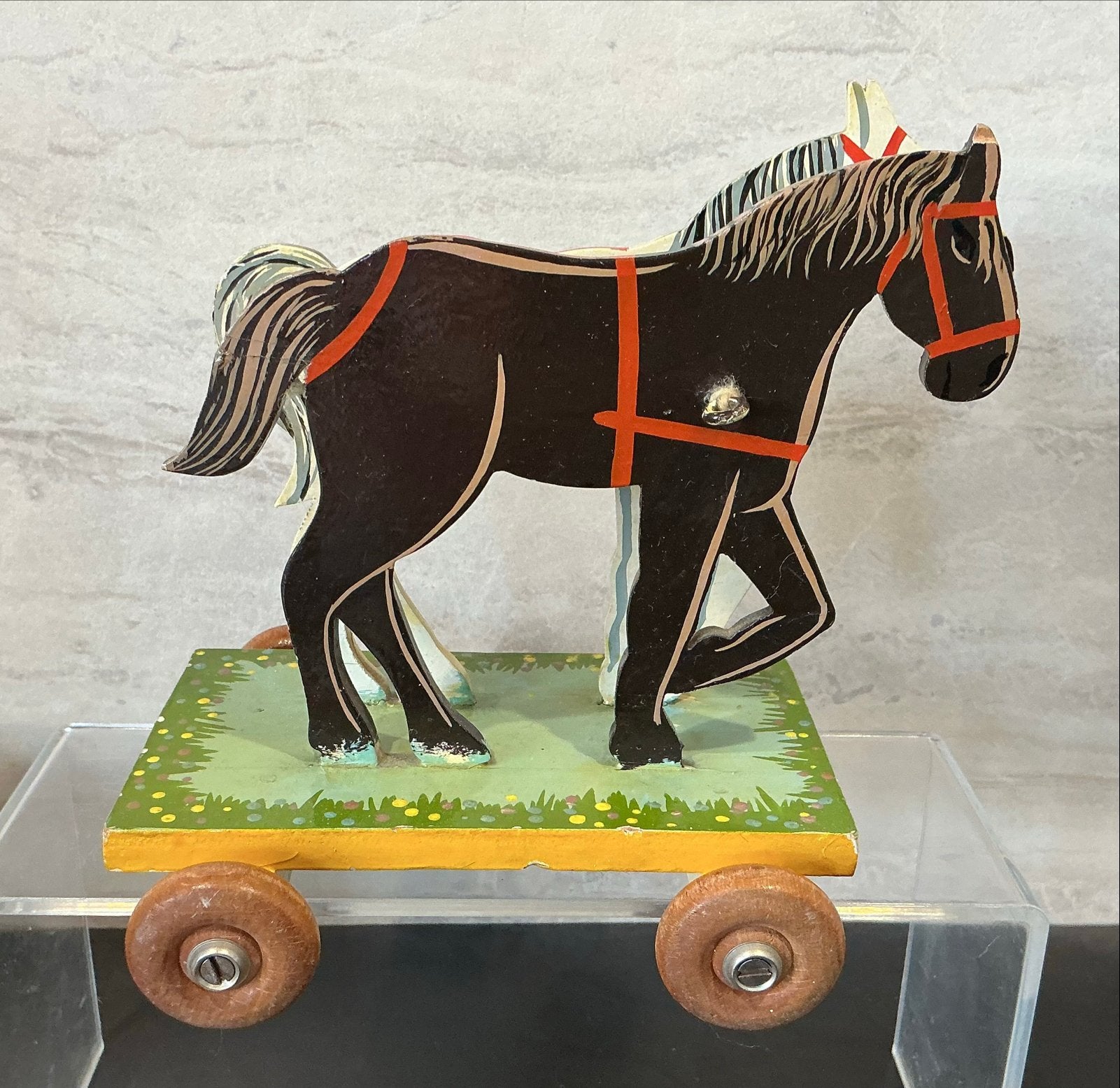 Vintage houten trekpaard met karretje, Verzenden, Gebruikt, Duw- of Trekspeelgoed