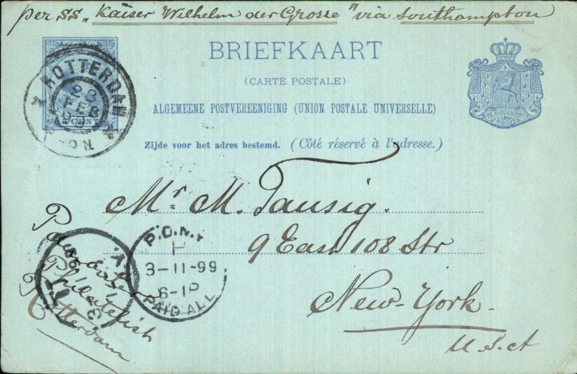 SS Kaiser wilhelm - Briefkaart Rotterdam - New York 1899, Verzenden, Briefkaart