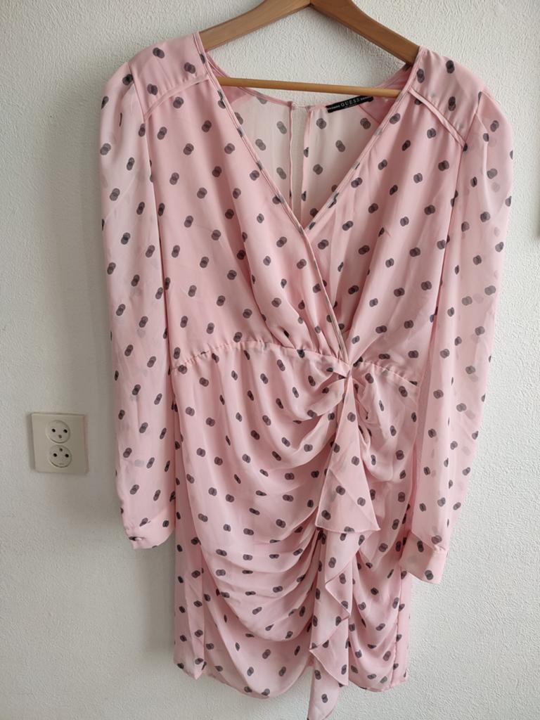 Guess Polka Dot jurk dress L Pink Roze Ruches Stippen ZOMER, Guess, Maat 42/44 (L), Ophalen of Verzenden, Roze