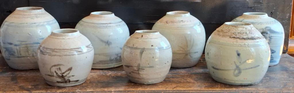 Chinese gemberpotten. Ca 1700/1800. Handpa/handma. 7 stuks, Ophalen