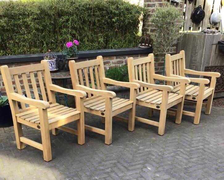 4 stevige Teakhouten tuinstoelen Teak&Garden setprijs, Ophalen, Zo goed als nieuw, Teakhout