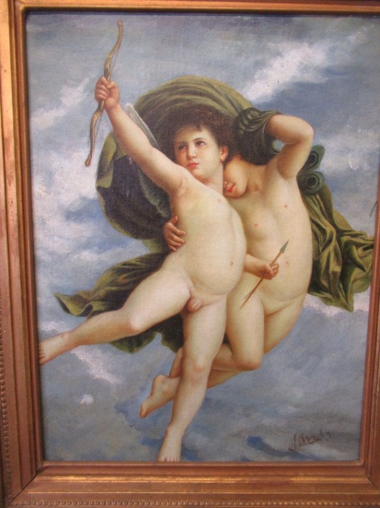 Oer 11263 antiek schilderij "Cupido paartje pijl en boog" , Antiek en Kunst, Ophalen