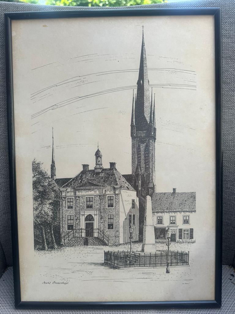 Princenhage Breda, lijntekening gemeentehuis en kerk., Antiek en Kunst, Ophalen of Verzenden