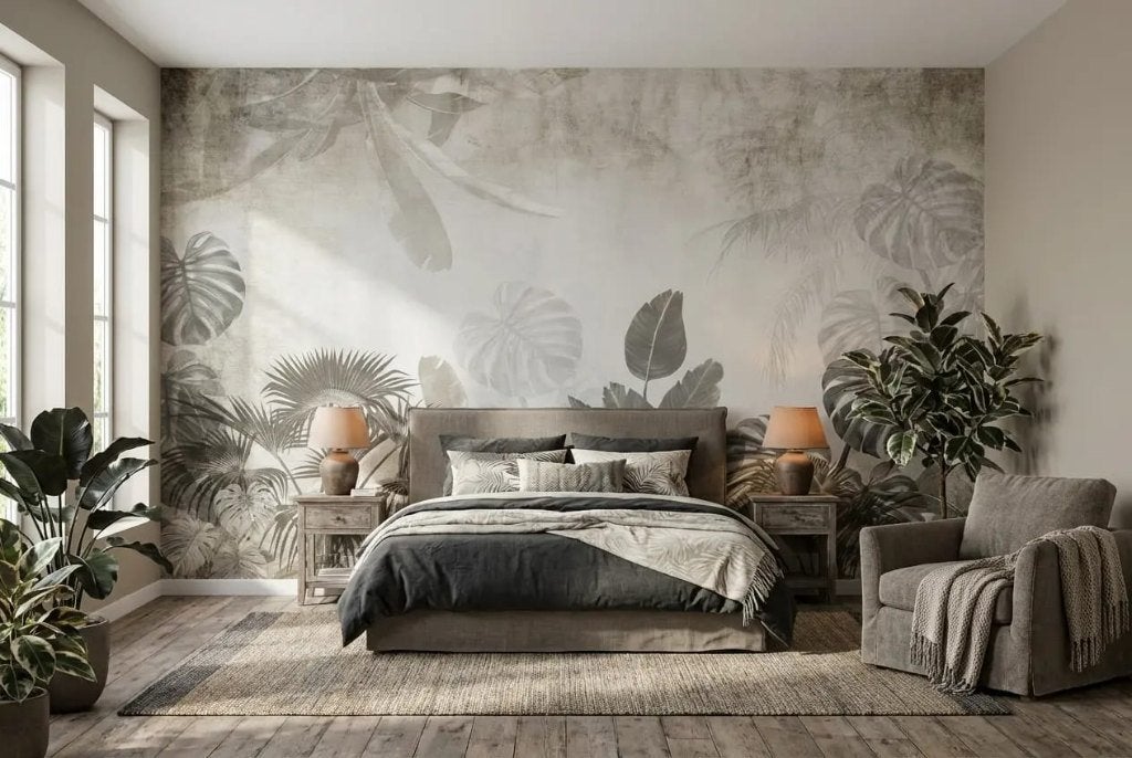 Botanisch behang – zachte bladsilhouetten in warm grijs, Bladeren, Natuurlijk, Overige merken, Beige