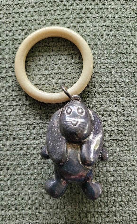 Vintage Verzilverde Rammelaar met Hondje, Ophalen of Verzenden