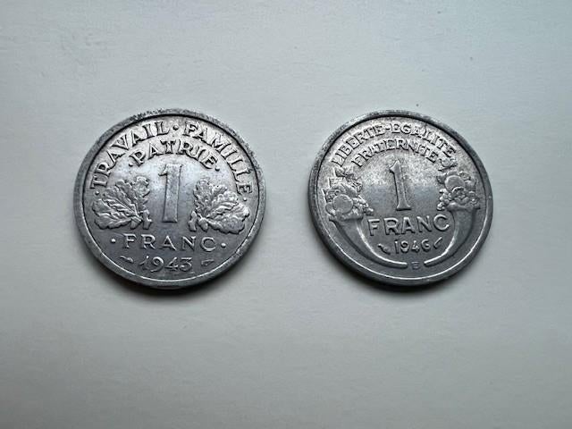 Munten Frankrijk 1 franc 1945 en 1946, Ophalen of Verzenden, Frankrijk, Losse munt