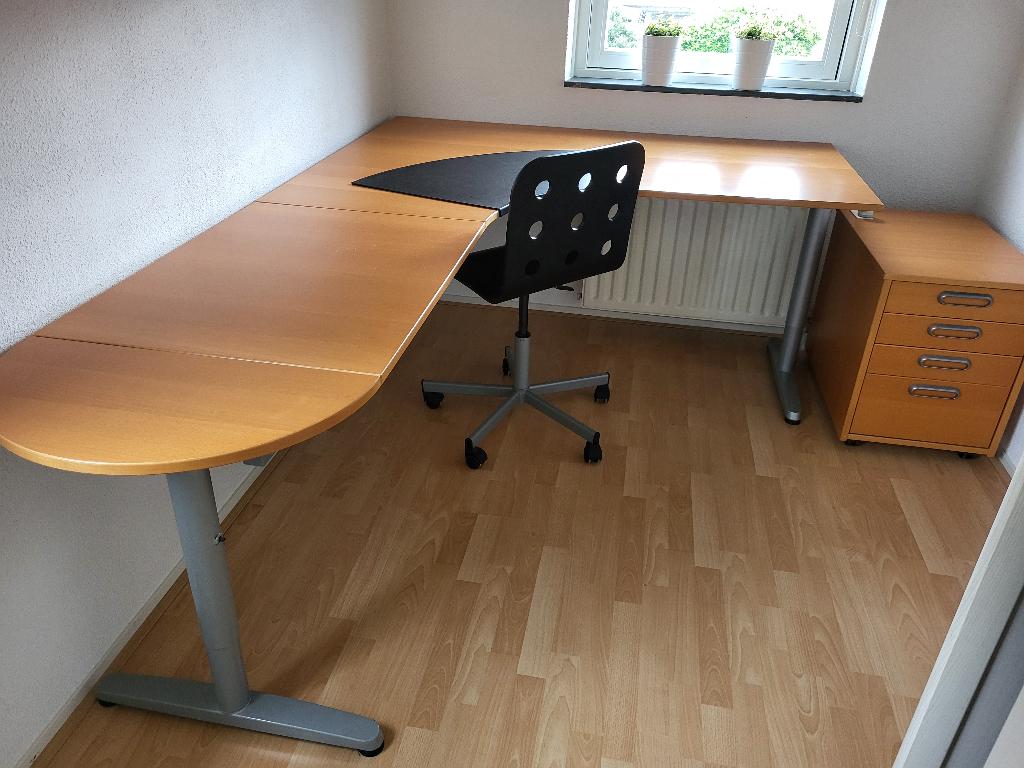 Bureau inclusief ladekastje en hangend kastje, Ophalen, Gebruikt, Hoekbureau, Bruin