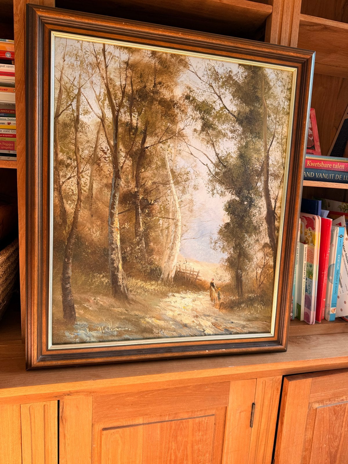 Gesigneerd olieverf schilderij 60x70 bos hei, Ophalen, Doek, Realistisch, Gesigneerd