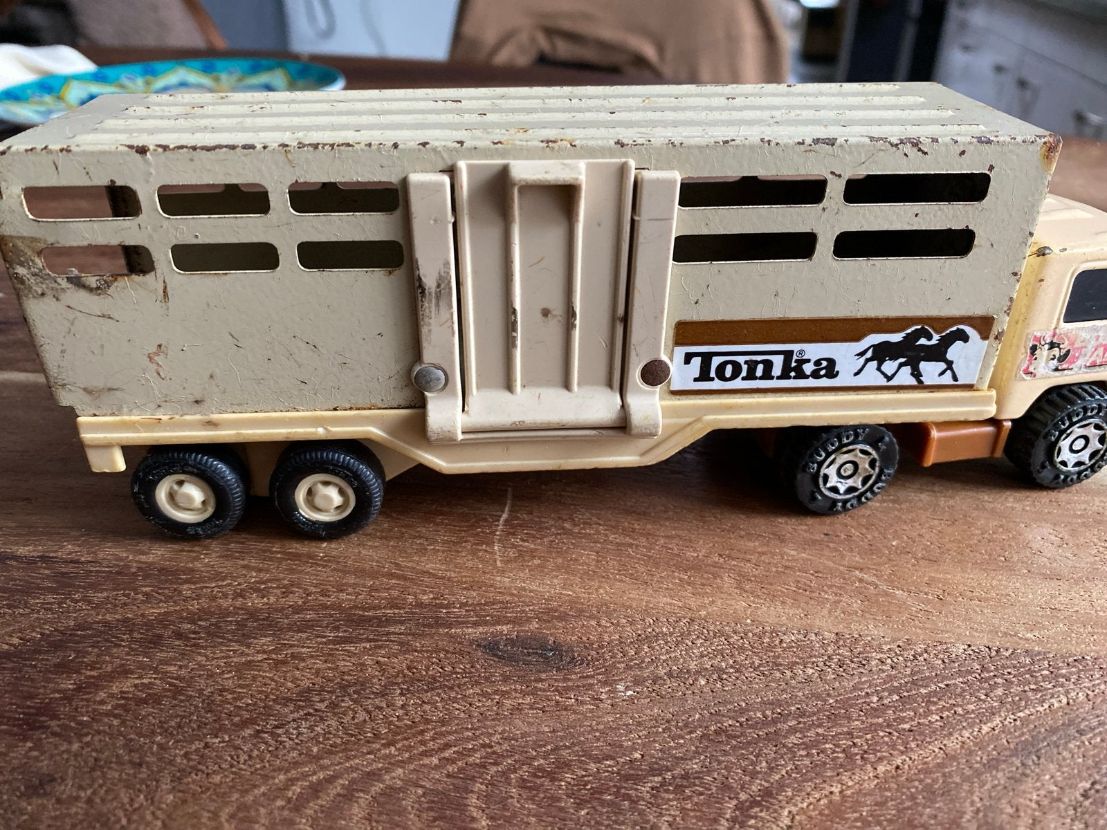 Vintage Tonka Vrachtwagen met Paardentrailer Jaren 70, Ophalen of Verzenden, Gebruikt