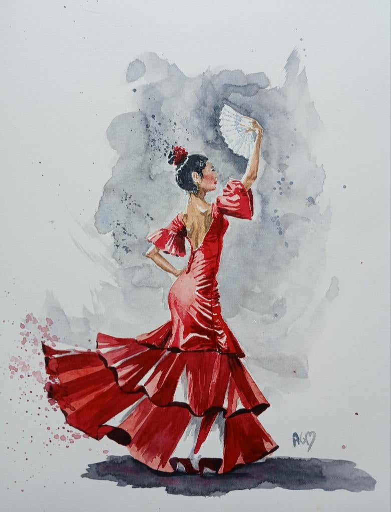 Aquarel Spaanse danseres, Ophalen of Verzenden
