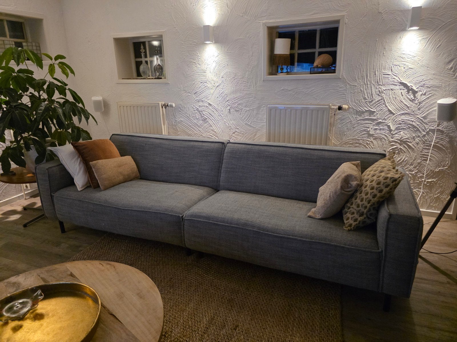 Moderne 3-zitsbank in licht blauw / grijs stof, Huis en Inrichting, 250 tot 300 cm, Gebruikt, Driepersoons, 75 tot 100 cm