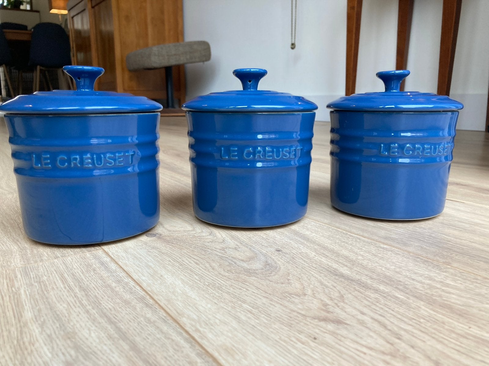 Le Creuset Voorraadpotten - Set van 3 - Blauw, Le Creuset, Blauw, Ophalen of Verzenden, Zo goed als nieuw