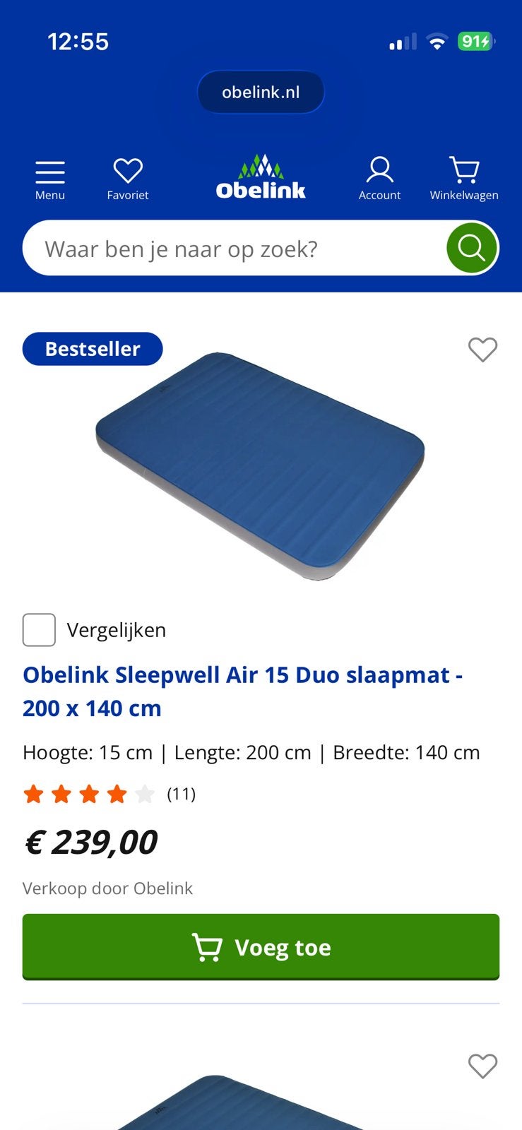 Obelink sleepwell air 15 Duo 2 persoons 200x140 slaapmat, Ophalen, Zo goed als nieuw