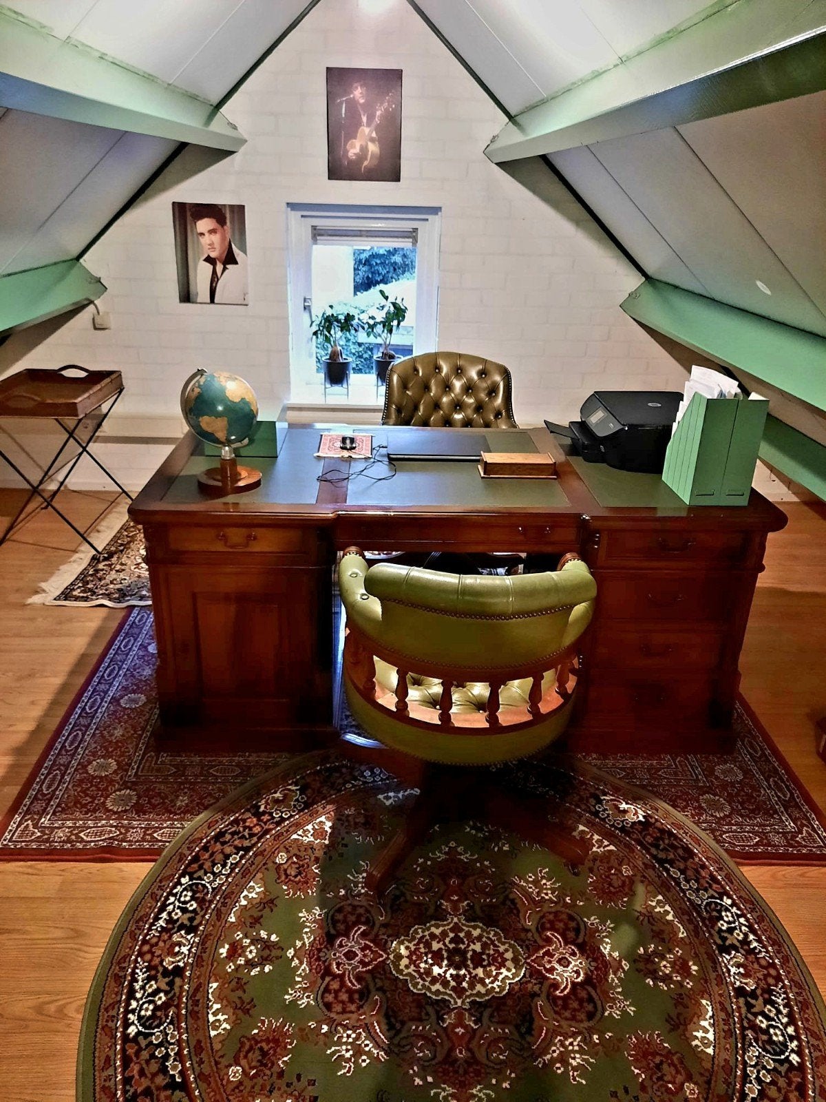 Klassiek Engelse Partnerdesk met groen leren Inleg, Ophalen, 90 cm, Hout, 180 cm