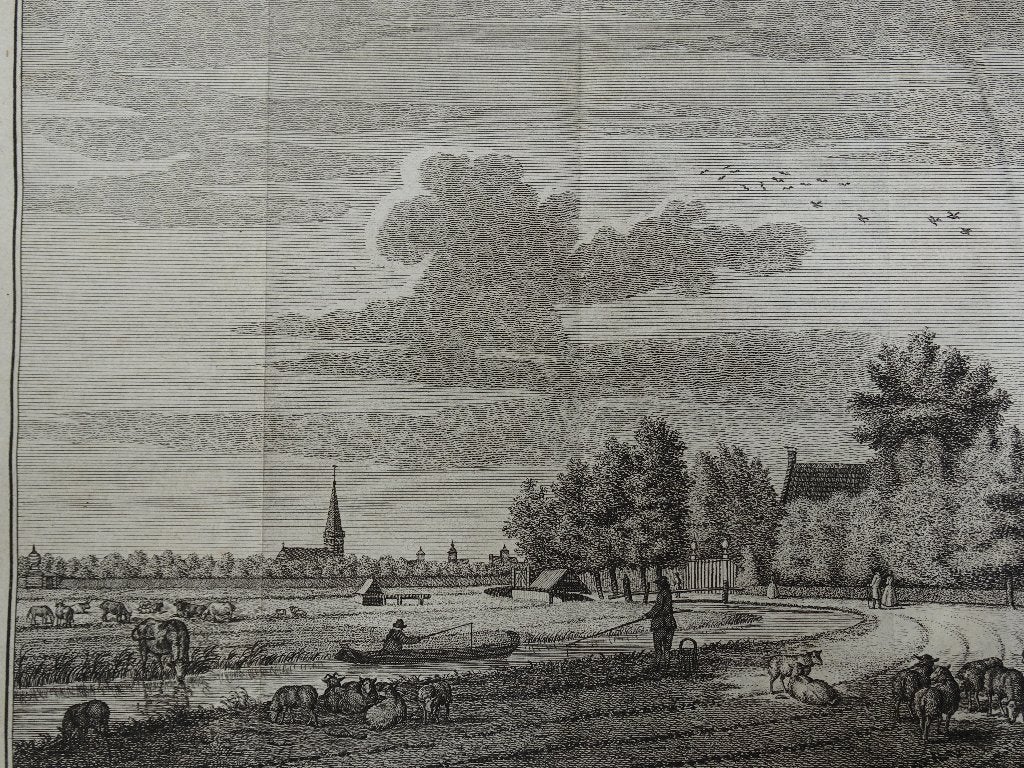 Gravure Franeker van Schalsum te zien, graveur Dirk de Jong, Antiek en Kunst, Verzenden, Stadsgezicht, Gravure, Origineel