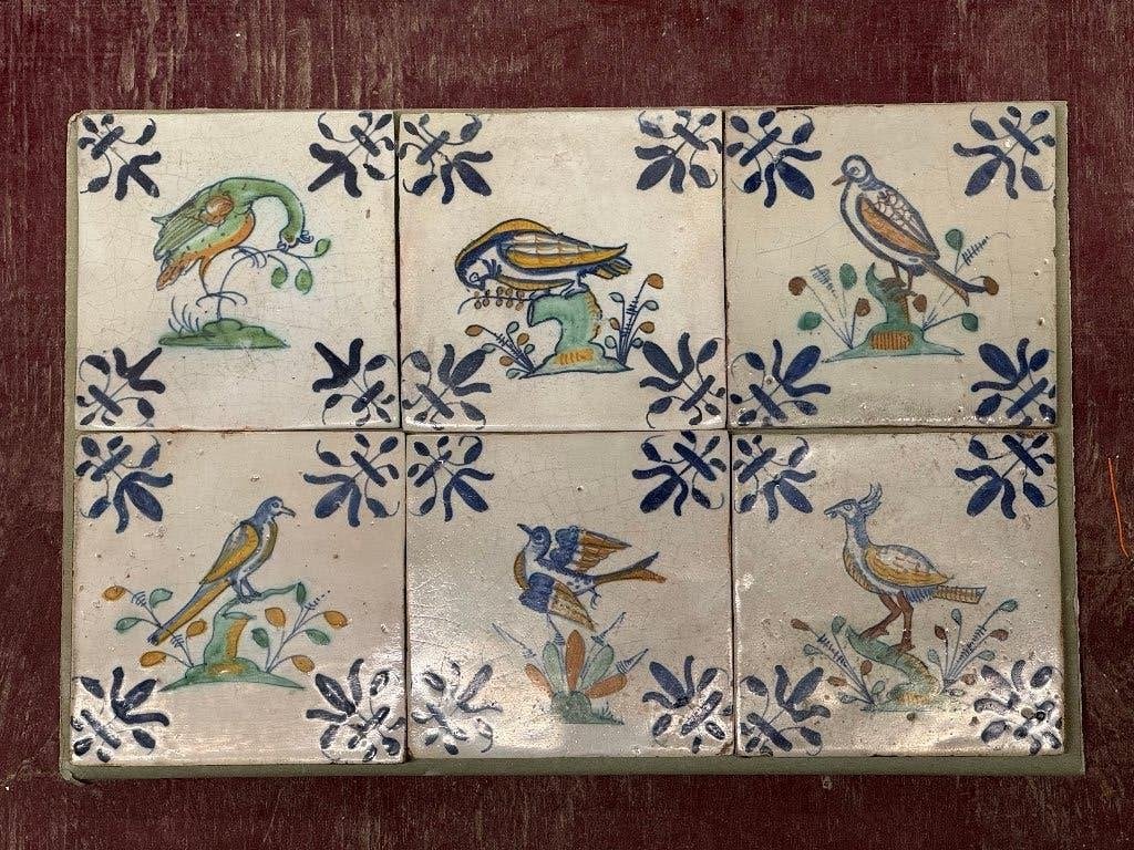 6 stuks gekleurde vogels 17e eeuws antieke wandtegels, Ophalen