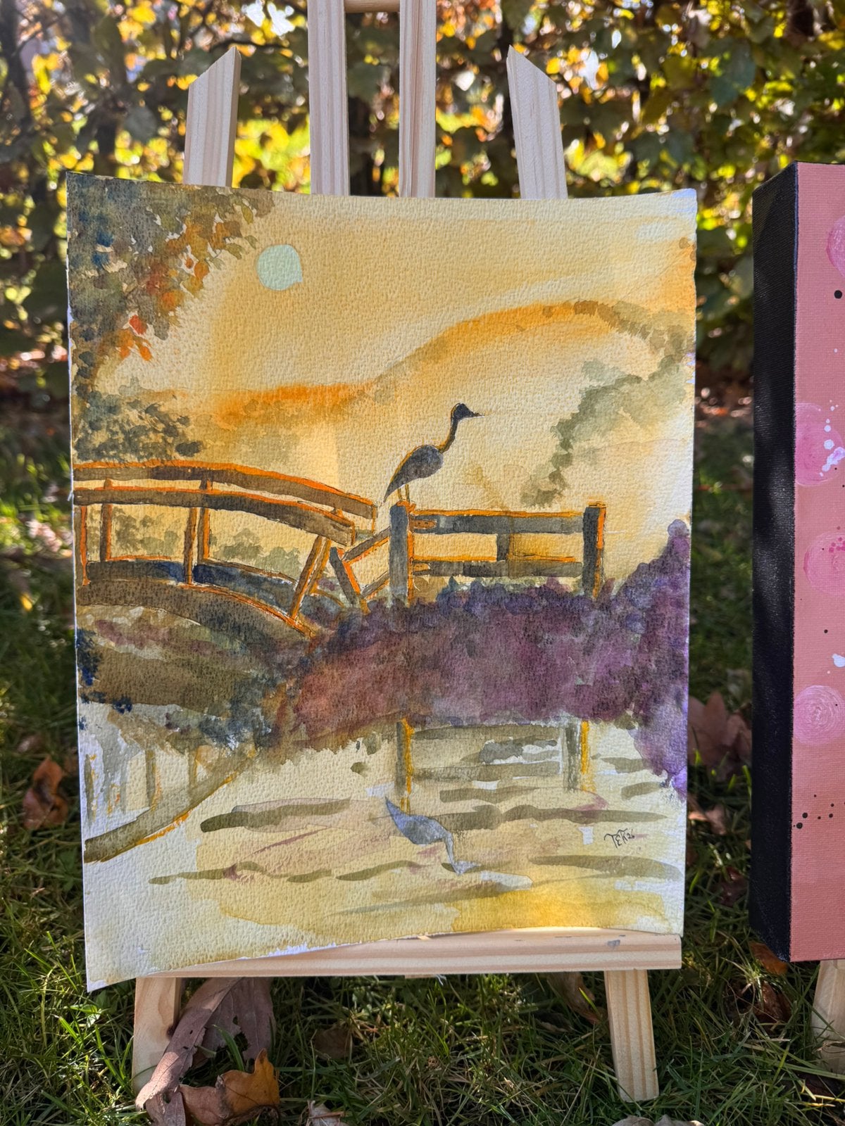 Aquarel tekening vogel op de brug, Antiek en Kunst, Ophalen, Realistisch, Dieren, Aquarel