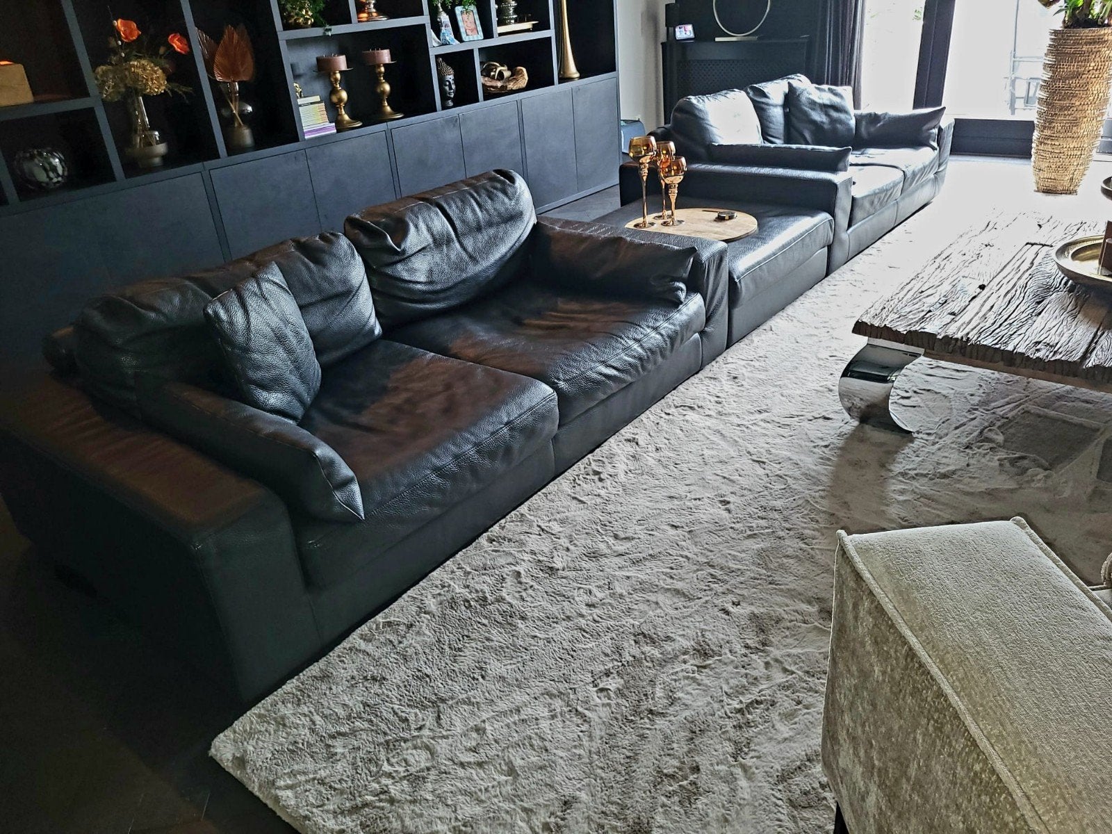 Zwart Buffelleder Lounge Bankstel XXL + Grote Poef, Ophalen, Leer