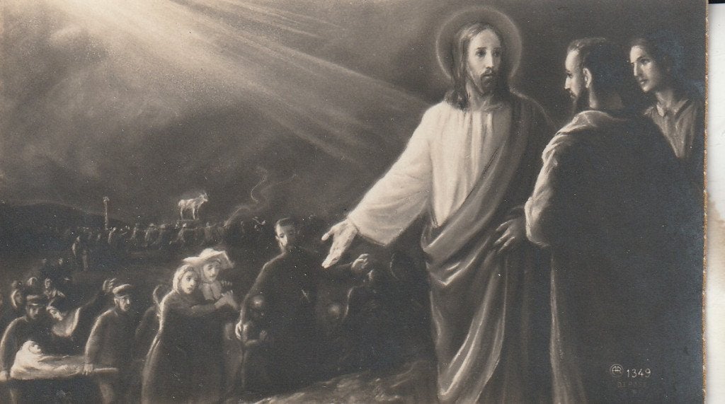 Antieke religieuze prent: Jezus en volgelingen, Ophalen of Verzenden, Gebruikt, Kaart of Prent, Christendom | Katholiek