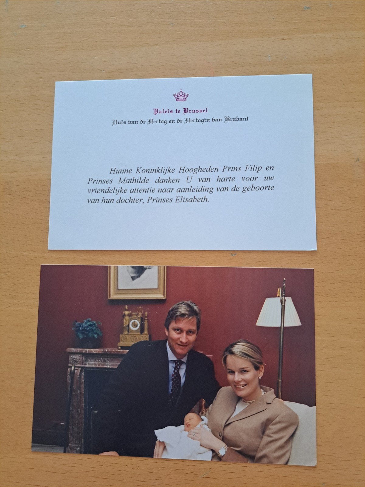 bedankkaart nav geboorte Prinses Elisabeth België 2001, Ophalen of Verzenden, Zo goed als nieuw, Buitenland, Kaart, Foto of Prent