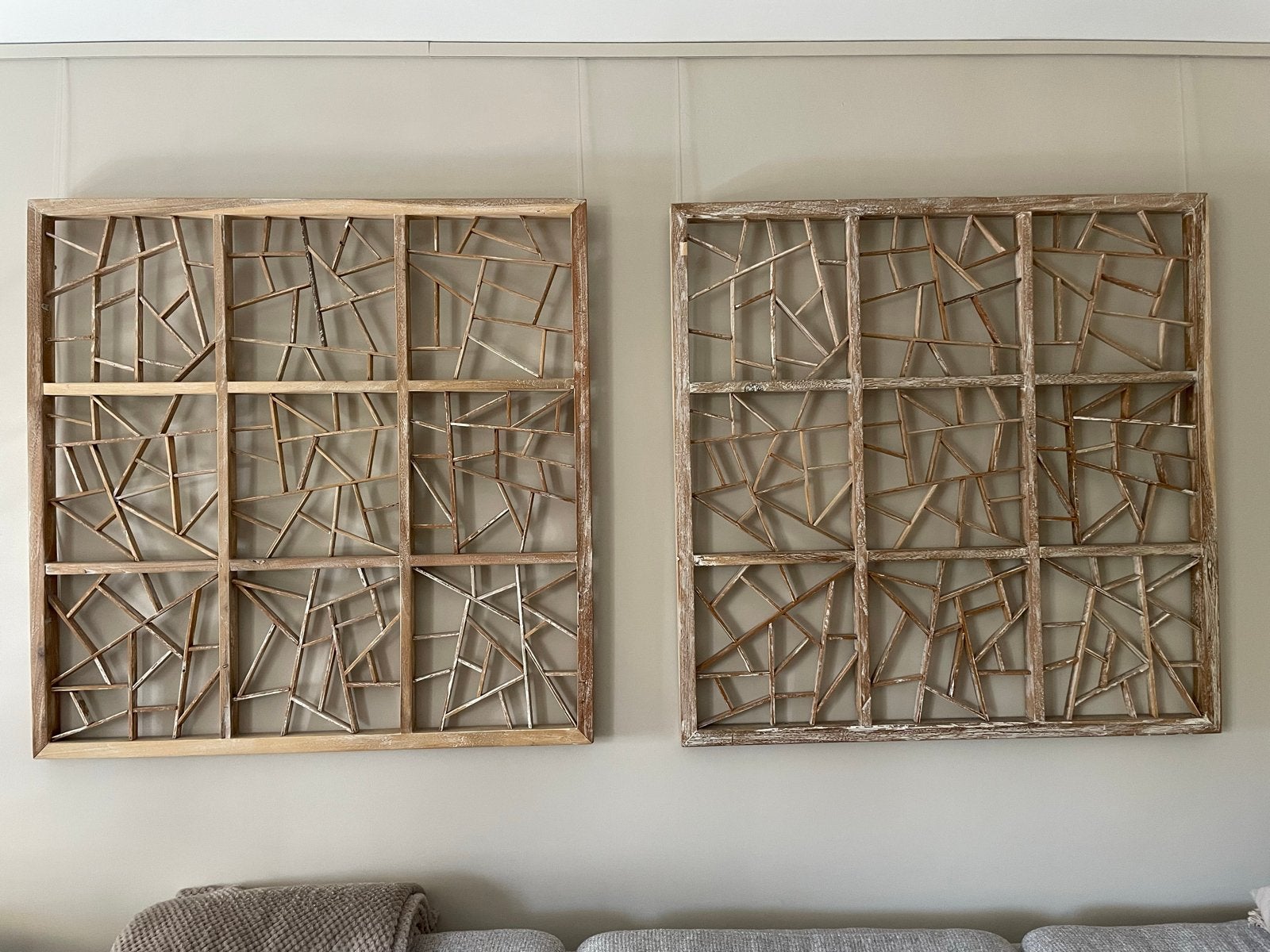 Set van 2 Geometrische Teakhouten Wandpanelen - 100x100cm, Huis en Inrichting, Ophalen, Gebruikt, Hout, 100 cm