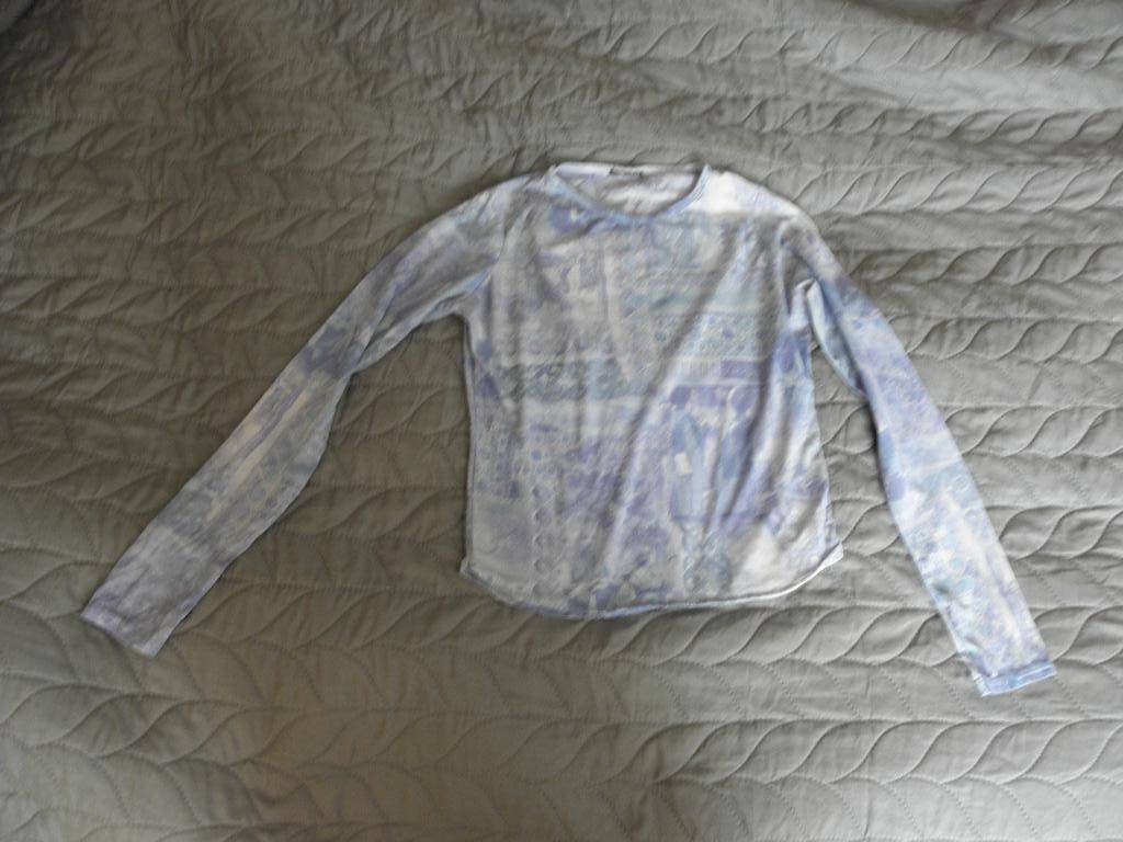 Doorzichtig licht blauw print shirt mt 152/158 prima staat, Kinderen en Baby's, Kinderkleding | Maat 152, Gebruikt, Meisje, Ophalen of Verzenden