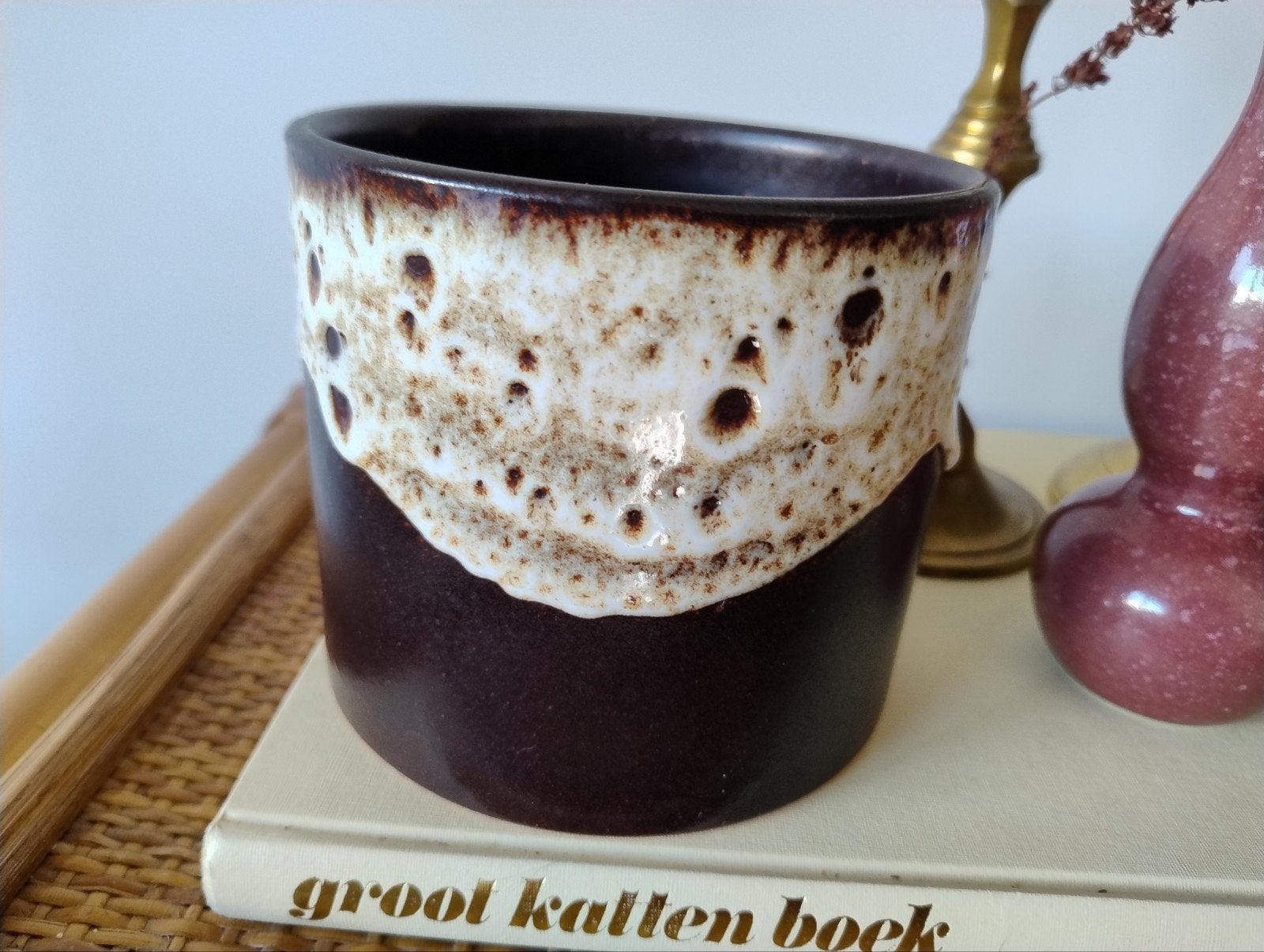 Vintage bloempot West-germany , bruin/wit fatlava druip, Rond, Binnen, Ophalen of Verzenden, Zo goed als nieuw