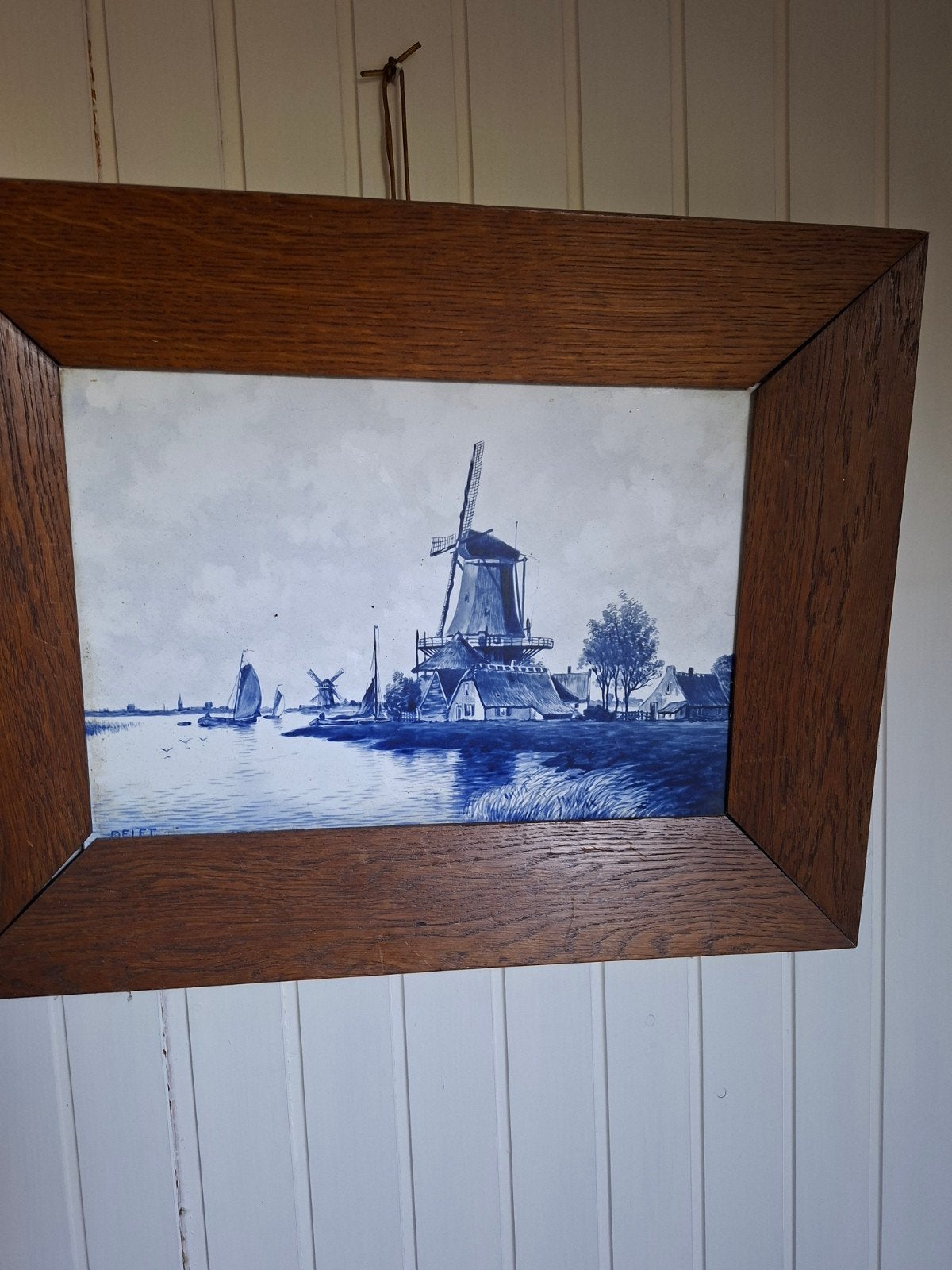 Delfts Blauw Schilderij: Hollandse Molen aan het Water, Antiek en Kunst, Ophalen