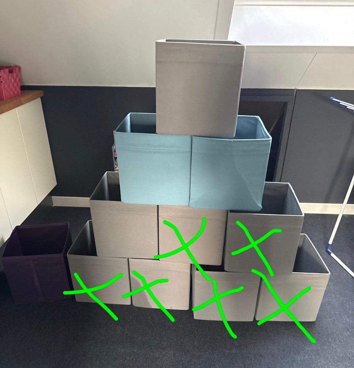 Kallax bakken - 1 paars, 2 blauw, 2 grijs met labelhouders, Ophalen, Gebruikt, Kunststof, Minder dan 50 cm