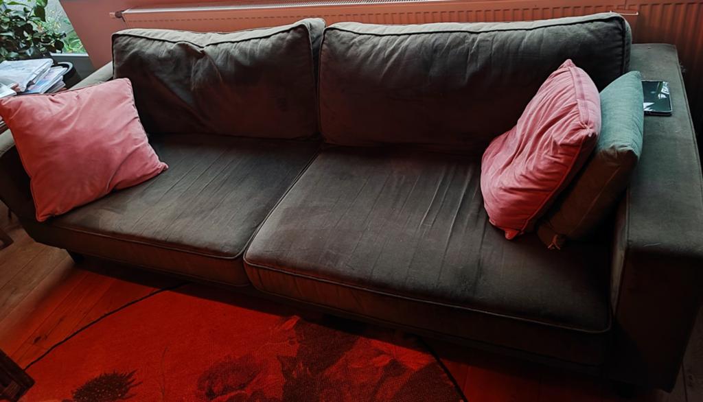 Woood Robin 3-zitsbank en fauteuil - warmgroen velours, Huis en Inrichting, Banken | Sofa's en Chaises Longues, Ophalen, Gebruikt