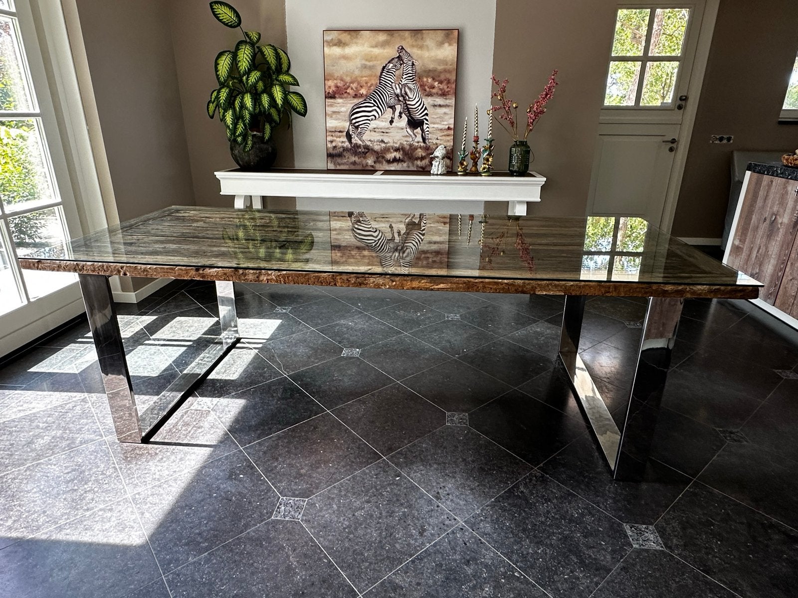 Rofra Home Eettafel 240x100cm met Bielzen Blad en Glasplaat, Ophalen, 100 tot 150 cm, 200 cm of meer, Zo goed als nieuw