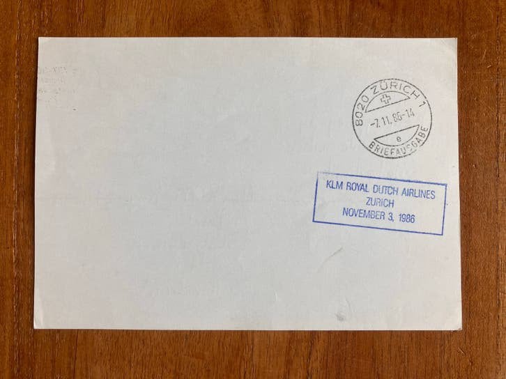 Briefkaart KLM Royal Dutch Airlines Zürich 1986, Verzamelen, Luchtvaart en Vliegtuigspotten, Ophalen of Verzenden, Gebruikt, Kaart, Foto of Prent