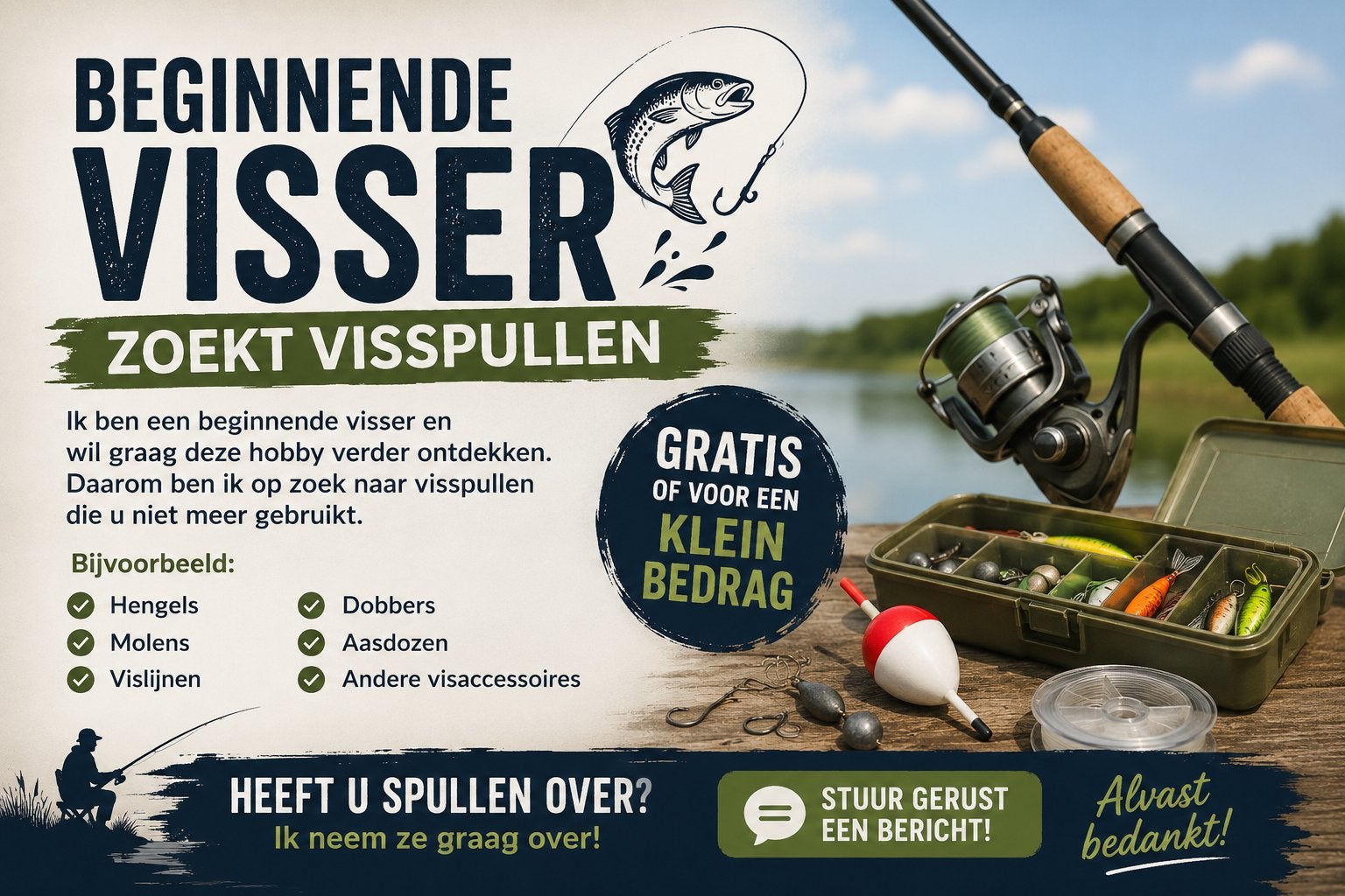Beginnende visser zoekt visspullen (gratis/klein bedrag), Watersport en Boten, Ophalen of Verzenden, Gebruikt, Complete hengel