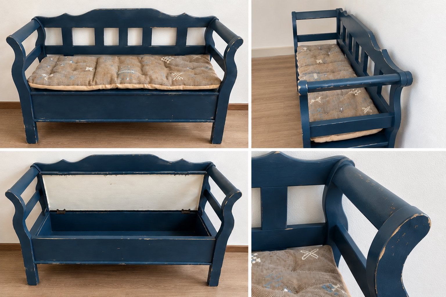 Donkerblauwe klepbank met opbergruimte en kussen, Ophalen, Gebruikt, 50 tot 75 cm, 100 tot 125 cm