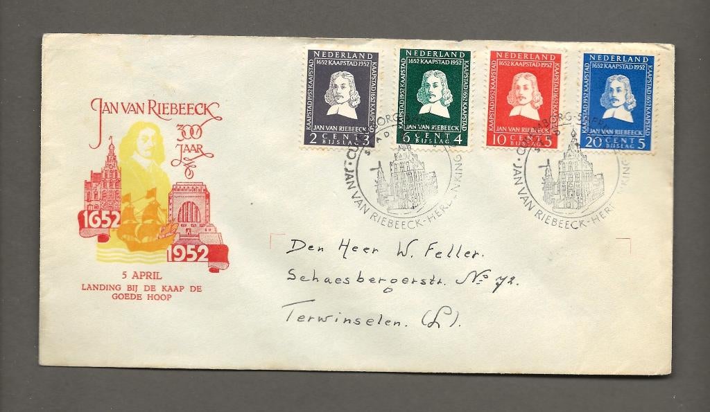 1952 van Riebeeck FDC E7 met gesloten klep rood logo, Postzegels en Munten, Verzenden, Beschreven, Nederland